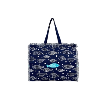 Borsa Mare New Aquarius Blu Pesci e Onde con Chiusura Zip misura 48x38x16cm con Frange Borsa Spiaggia