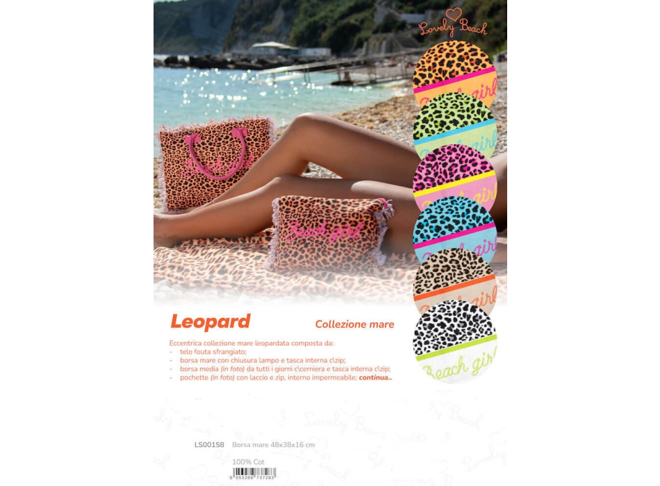 Borsa Mare New Leopard Maculato Fucsia con Zip 100%Cotone Canvas 48x38x16cm Borsa Spiaggia