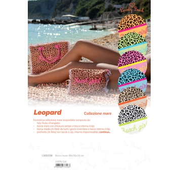 Borsa Mare New Leopard Maculato Fucsia con Zip 100%Cotone Canvas 48x38x16cm Borsa Spiaggia