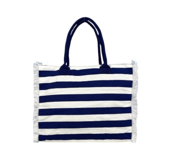 Borsa Mare Rigata Media Blu Bianco con Zip e Frange 100%Cotone 40x32x20m Borsa Spiaggia