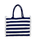 Borsa Mare Rigata Media Blu Bianco con Zip e Frange 100%Cotone 40x32x20m Borsa Spiaggia