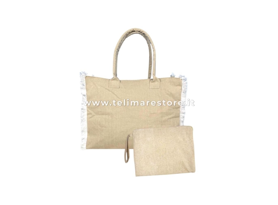 Borsa Mare Riviera Media Tinta Unita Beige 100%Cotone con Zip e