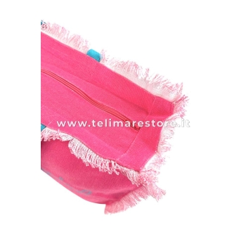 Borsa Mare Rosa Stampa e Manici Azzurri 100% Cotone Canvas Misura 48x38x16cm