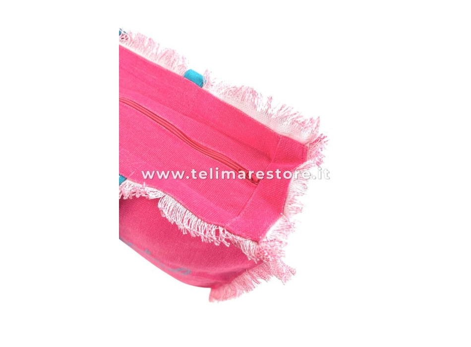 Borsa Mare Rosa Stampa e Manici Azzurri 100% Cotone Canvas Misura 48x38x16cm