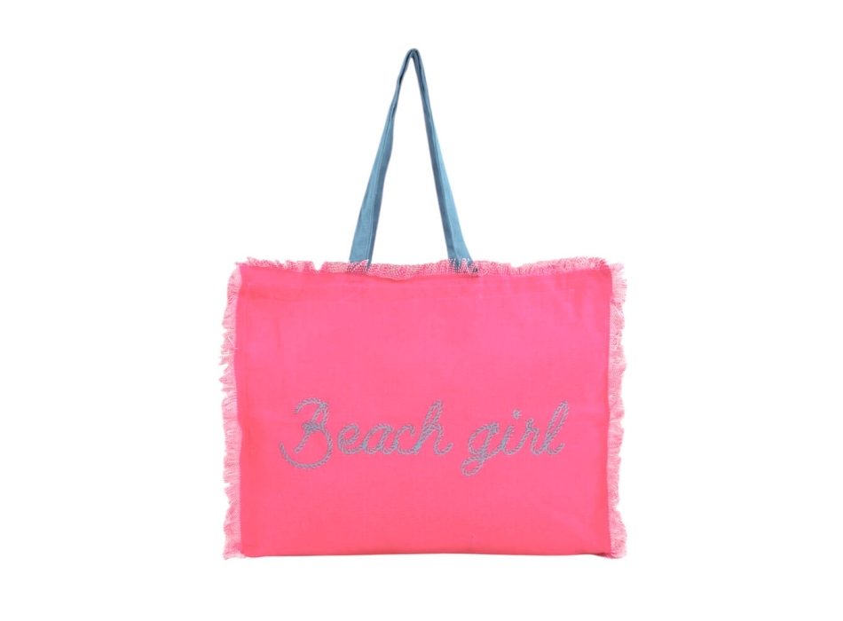 Borsa Mare Rosa Stampa e Manici Gialli 100% Cotone Canvas Misura 48x38x16cm