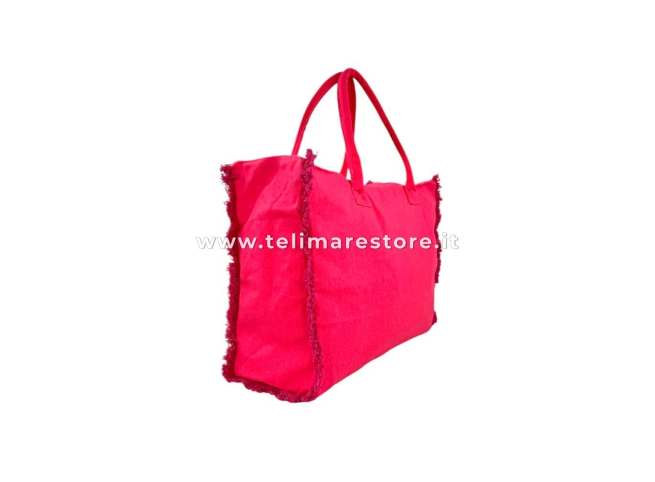 Borsa Mare Tinta Unita Fucsia Fluo 100% Cotone con Zip e Frange