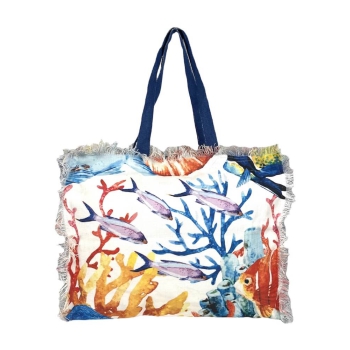Borsa Mare Tropicana Pesci Con Zip 100% Cotone Canvas Misura 50x40x15cm