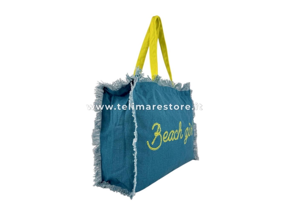 Borsa Mare Verde Petrolio Stampa e Manici Gialli 100% Cotone Canvas Misura 48x38x16cm