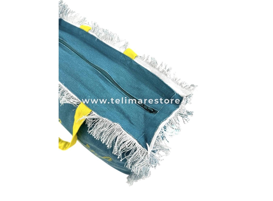 Borsa Mare Verde Petrolio Stampa e Manici Gialli 100% Cotone Canvas Misura 48x38x16cm