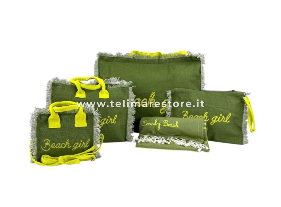 Borsa Mare Verde Stampa e Manici Gialli 100% Cotone Canvas Misura 48x38x16cm