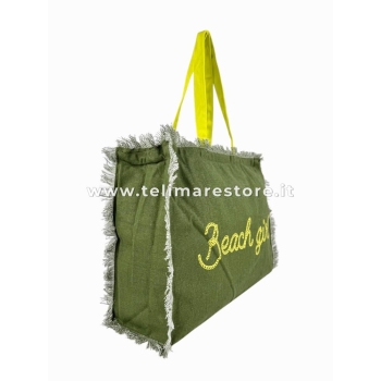 Borsa Mare Verde Stampa e Manici Gialli 100% Cotone Canvas Misura 48x38x16cm