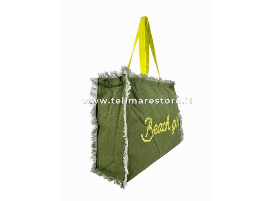 Borsa Mare Verde Stampa e Manici Gialli 100% Cotone Canvas Misura 48x38x16cm
