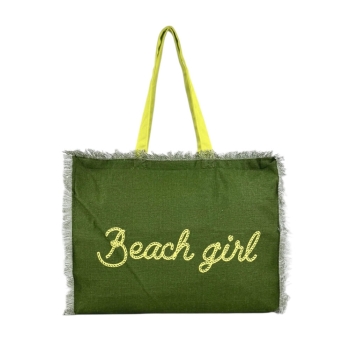 Borsa Mare Verde Stampa e Manici Gialli 100% Cotone Canvas Misura 48x38x16cm