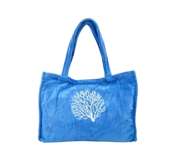 Borsa Mare Versiglia Celeste in Spugna di Cotone con Ricamo Corallo Misura 42x32x16cm
