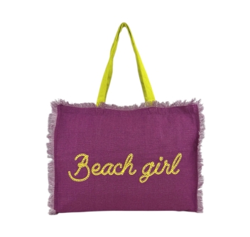 Borsa Mare Viola Stampa e Manici Lime 100% Cotone Canvas Misura 48x38x16cm