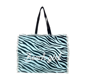 Borsa Mare Zebra Azzurro con Zip Stampa Beach Girl 100% Cotone Canvas Misura 50x40x15cm Borsa Spiaggia