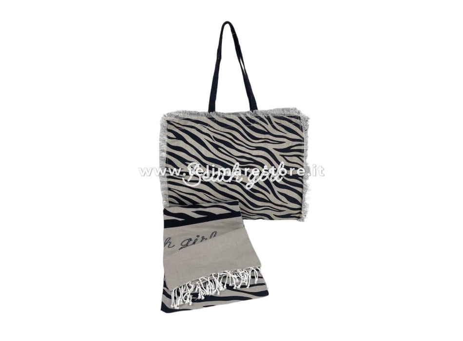 Borsa Mare Zebra Sabbia con Zip Stampa Beach Girl 100% Cotone Canvas Misura 50x40x15cm Borsa Spiaggia