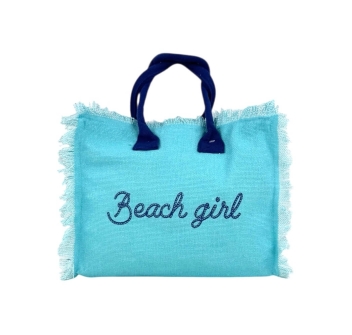 Borsetta Mare Beach Girl Azzurra a Manico Corto con Zip 100%Cotone 30x24x14cm Handbag Spiaggia