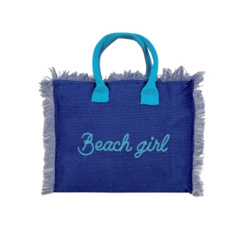 Borsetta Mare Beach Girl Blu a Manico Corto con Zip 100%Cotone 30x24x14cm Handbag Spiaggia