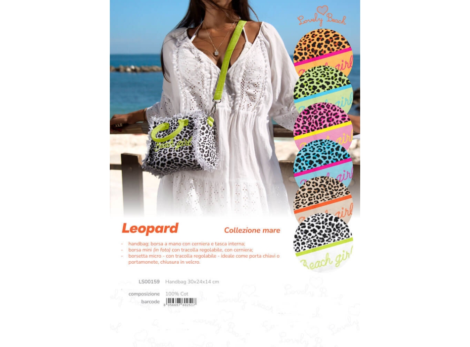 Borsetta Mare New Leopard Maculato Fucsia a Manico Corto con Zip 100%Cotone 30x24x14cm Handbag Spiaggia