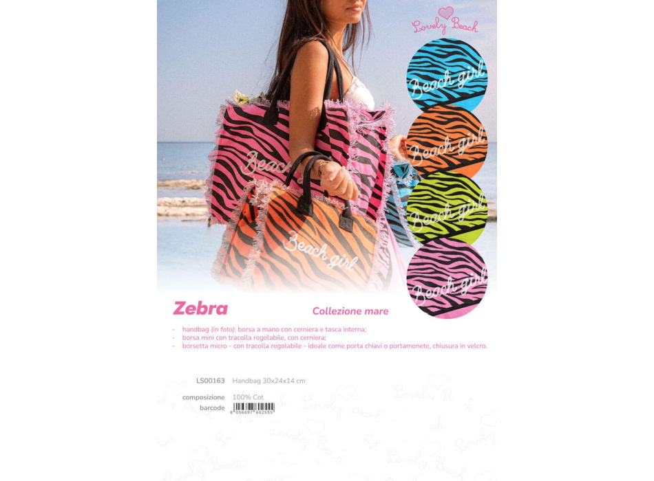 Borsetta Mare New Zebra Rosa HandBag Casual a Manico Corto con Zip 100%Cotone 30x24x14cm Borsa Spiaggia