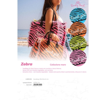 Borsetta Mare New Zebra Rosa HandBag Casual a Manico Corto con Zip 100%Cotone 30x24x14cm Borsa Spiaggia