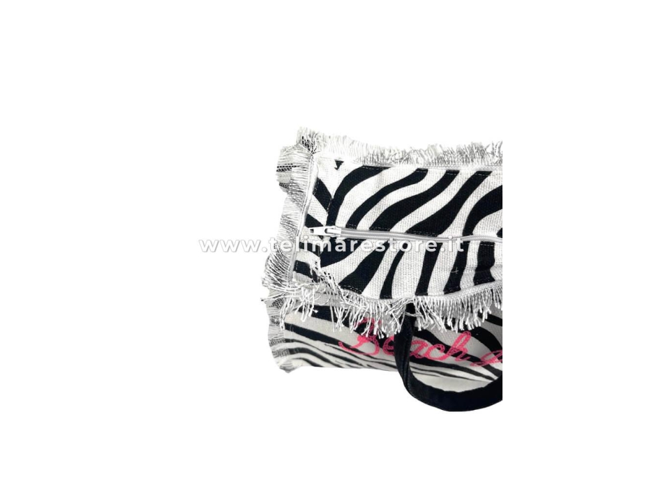 Borsetta Mare Zebra Bianco HandBag Casual a Manico Corto con Zip 100%Cotone 30x24x14cm Borsa Spiaggia