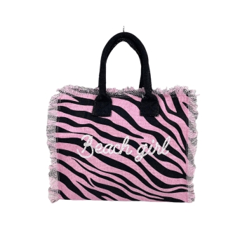 Borsetta Mare Zebra Rosa HandBag Casual a Manico Corto con Zip 100%Cotone 30x24x14cm Borsa Spiaggia
