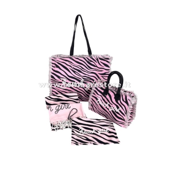 Borsetta Mare Zebra Rosa HandBag Casual a Manico Corto con Zip 100%Cotone 30x24x14cm Borsa Spiaggia