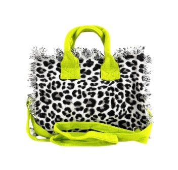 Borsetta Mini New Leopard Maculato Bianco con Zip e Tracolla 100%Cotone 20x16x8cm Borsa Spiaggia