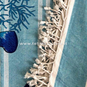 Copritutto Copriletto Kapuka Sharm Azzurro Stampato 100% Cotone Copri Divano con Frange 210x240cm