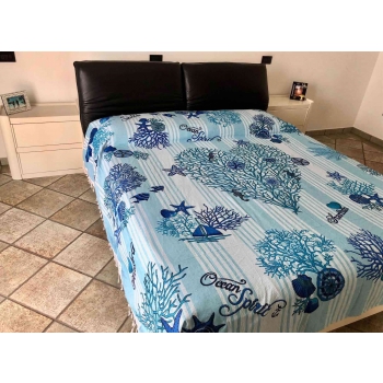 Copritutto Copriletto Kapuka Sharm Azzurro Stampato 100% Cotone Copri Divano con Frange 210x240cm