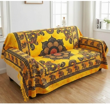 Copritutto Grande Blue Elephant Giallo 80%Cotone 20% Poliestere 210x230cm Copridivano Telo Mare Maxi Batik