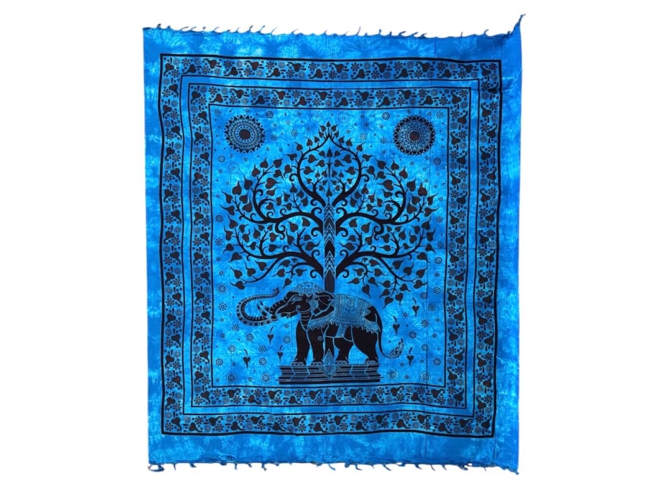 Copritutto Grande Copridivano New Elephant Life Azzurro 100% Cotone 210x240cm Copriletto con Frange 