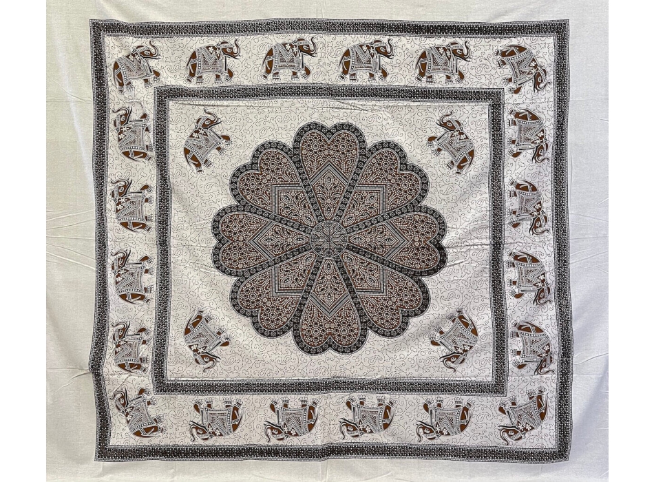 Copritutto Grande Elefante Margherita Pois Bianco Marrone 100% Cotone 210x240cm Copriletto Copridivano con Frange 