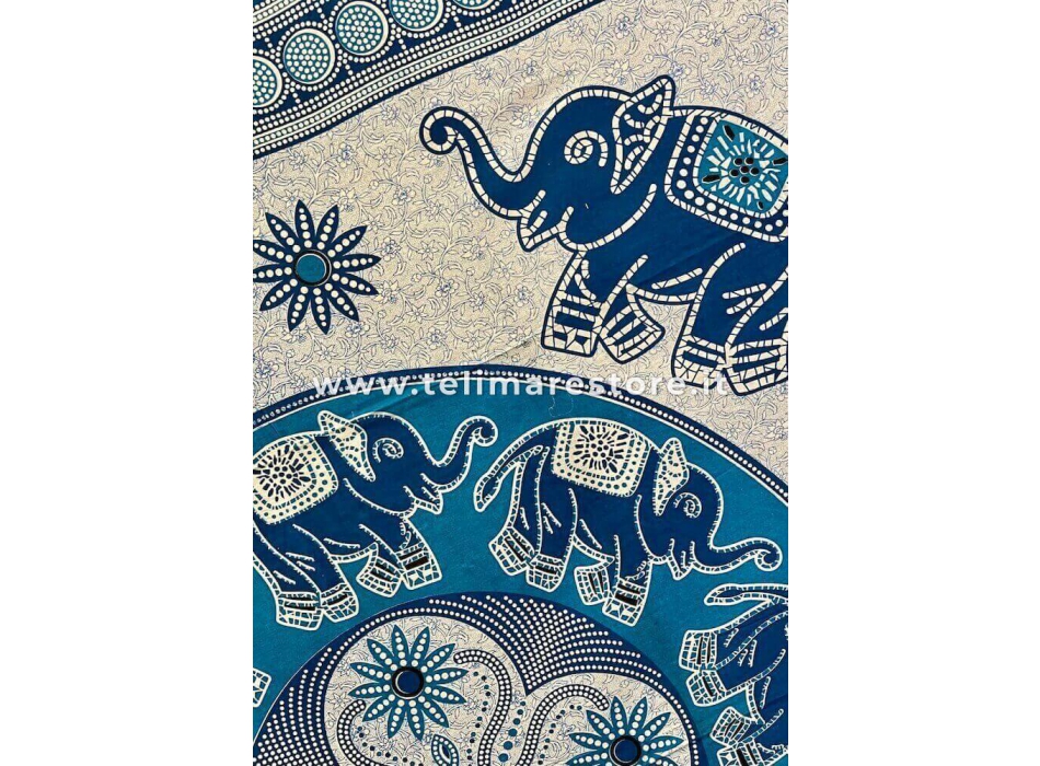 Copritutto Grande Elefanti Fiori Bianco Azzurro 100% Cotone 210x230cm Copriletto Copridivano con Frange 