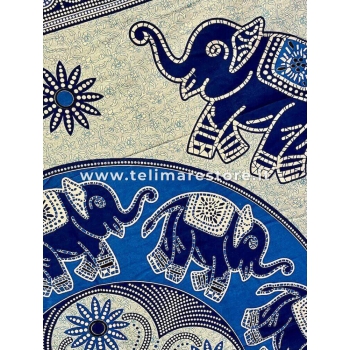 Copritutto Grande Elefanti Fiori Bianco Blu 100% Cotone 210x230cm Copriletto Copridivano con Frange 