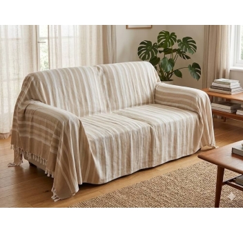 Copritutto Grande Rigato Mallorca Beige 60%cotone 40%poliestere 210x240cm Telo Mare Maxi Copri divano Con Frange