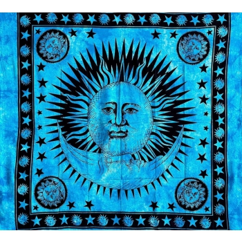 Copritutto Grande Sole Luna Azzurro Copridivano, Copriletto Etnico 210x240cm 100% Cotone Telo Mare