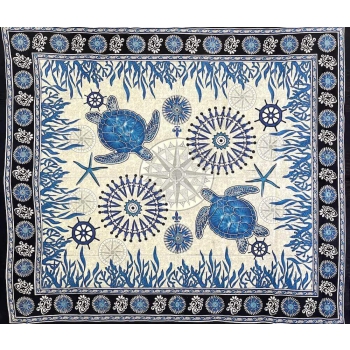 Copritutto Grande Tartarughe Azzurro Sabbiato 210x240cm Batik Orientale Telo Mare 100% Cotone Copri Divano