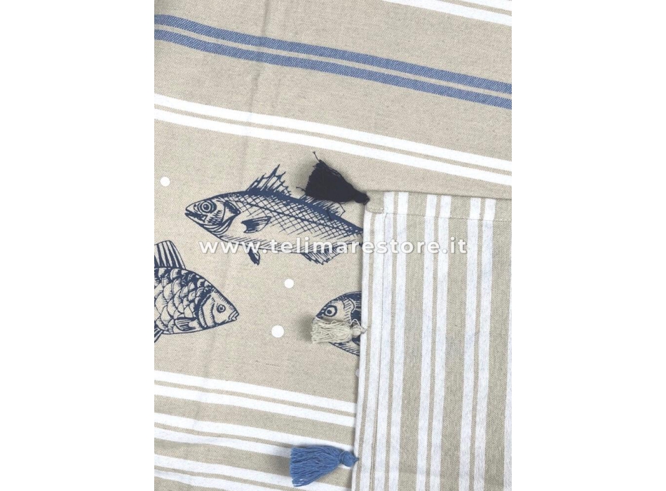 Fouta Blue Fish Rigato con Nappe 100% Cotone Rigenerato 90x170cm Frange Incluse Telo Mare