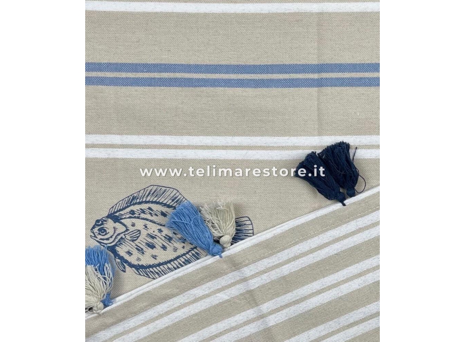 Fouta Blue Fish Rigato con Nappe 100% Cotone Rigenerato 90x170cm Frange Incluse Telo Mare