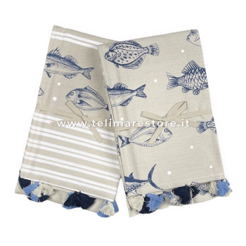 Fouta Blue Fish Rigato con Nappe 100% Cotone Rigenerato 90x170cm Frange Incluse Telo Mare