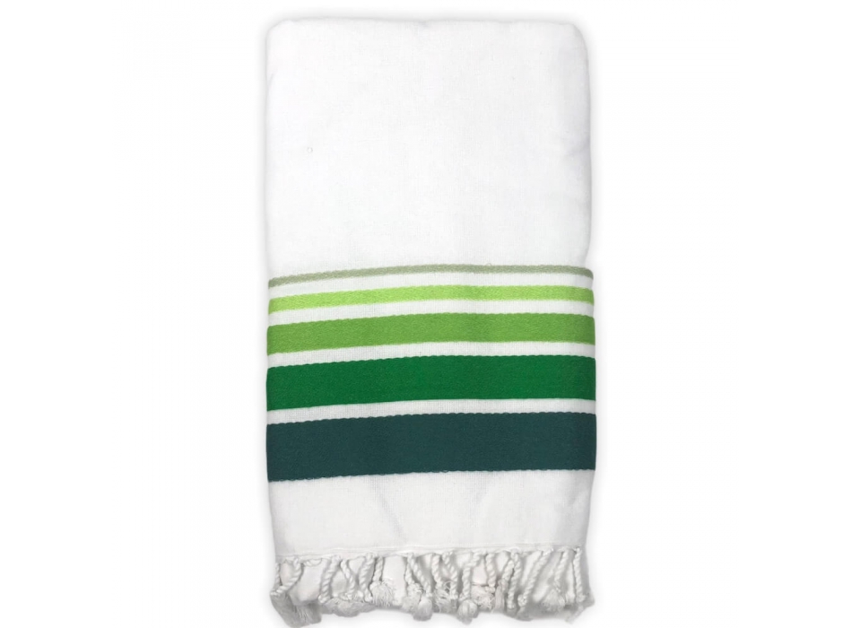 Fouta Cotone Spugna Bianco Bordo Rigato Verde Degradè 90x160cm con Frange