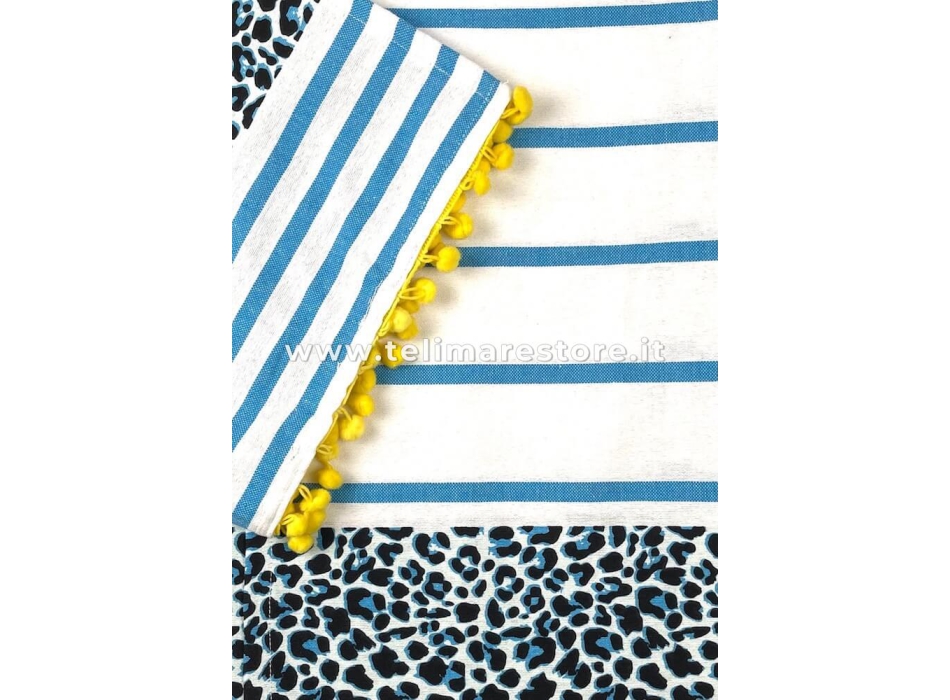 Fouta Jungle Stripe Bianco Azzurro 100% Cotone Telo Mare con Pon Pon Asciugamano Pareo da Spiaggia