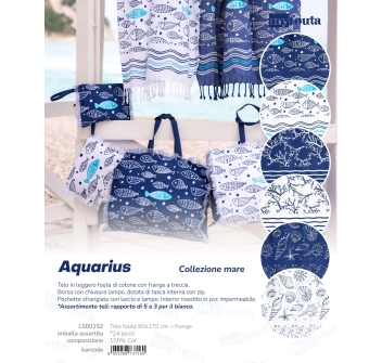 Fouta New Aquarius Blu Pesci e Onde 100% Cotone 90x170cm Telo Mare con Frange Asciugamano da Spiaggia