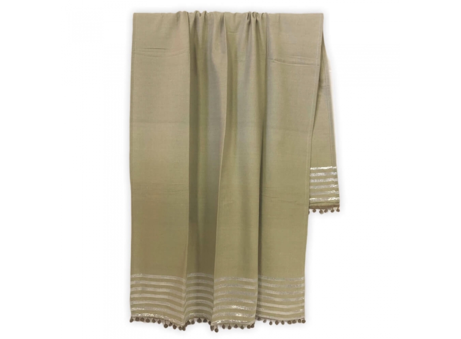 Fouta Pierre Sabbia Con Lurex Telo Mare 100% Cotone Telo Pareo 100x190cm con Pon Pon