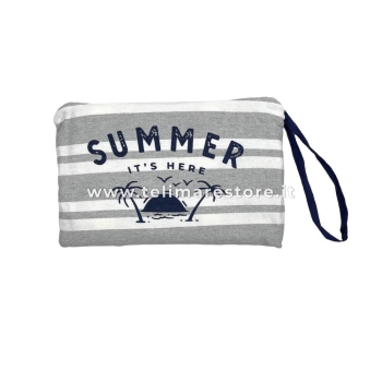 Fouta Summer Grigio Con Pochette 100% Cotone Riciclato 90x175cm Frange Incluse Telo Mare Rigato