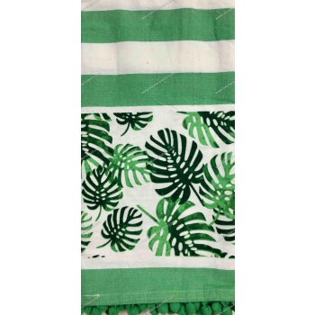 Fouta Verde Stampa Foglie e Pon Pon