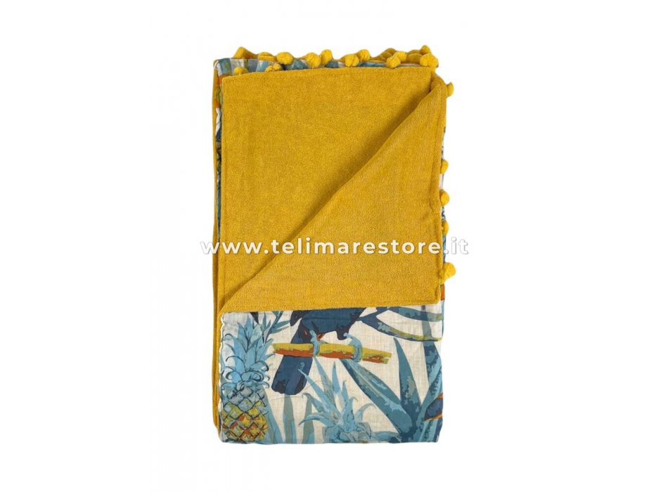 Kikoy Tucani e Ananas con Pon Pon 90x160cm 100% Cotone Fronte 100% Spugna di Poliestere Retro Telo Mare Pareo 